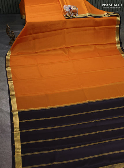 Pure mysore silk saree mustard yellow and coffee brown with plain body and zari woven border