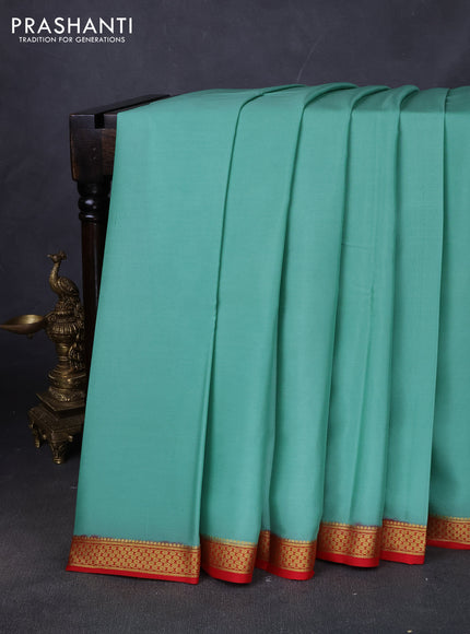 Pure mysore silk saree teal green and red with plain body and zari woven border