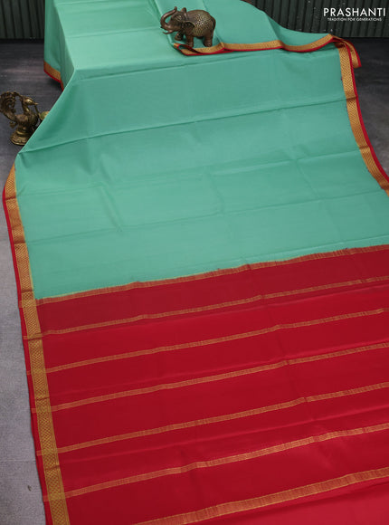 Pure mysore silk saree teal green and red with plain body and zari woven border