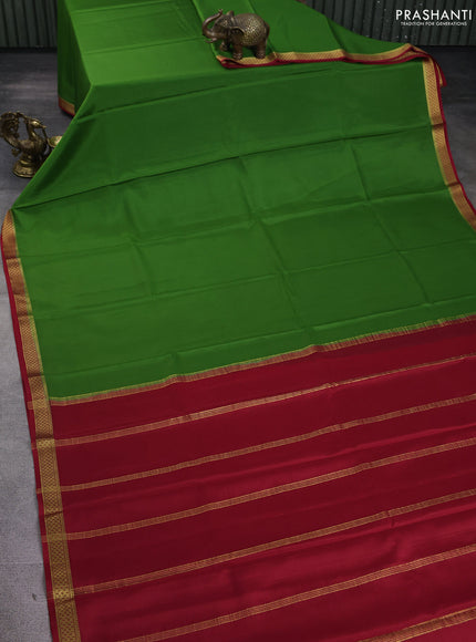 Pure mysore silk saree green and maroon with plain body and zari woven border
