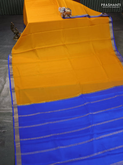 Pure mysore silk saree yellow and blue with plain body and zari woven border