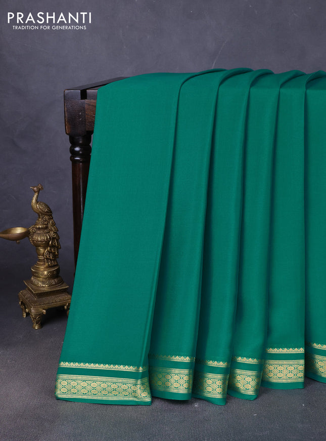 Pure mysore silk saree teal green with plain body and zari woven border