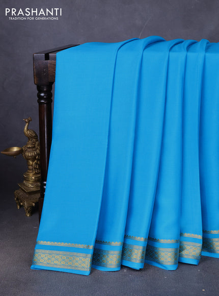 Pure mysore silk saree cs blue with plain body and zari woven border