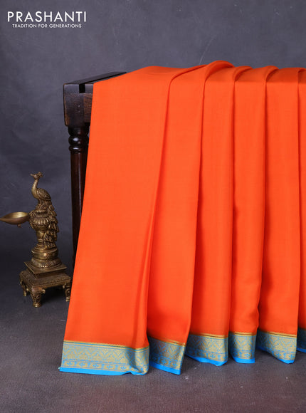 Pure mysore silk saree orange and cs blue with plain body and zari woven border