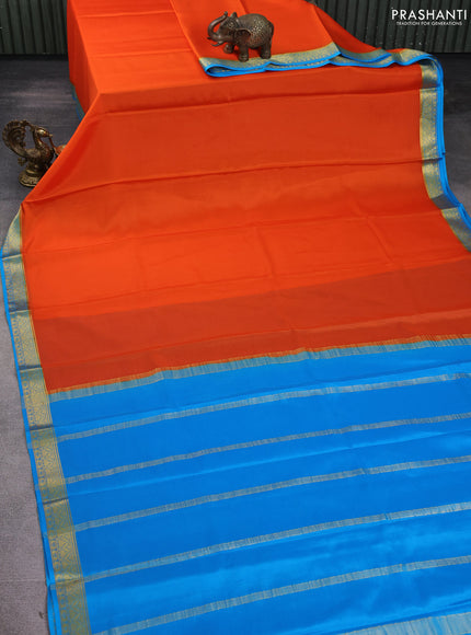 Pure mysore silk saree orange and cs blue with plain body and zari woven border