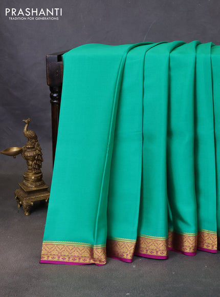 Pure mysore silk saree teal green and magenta pink with plain body and zari woven border