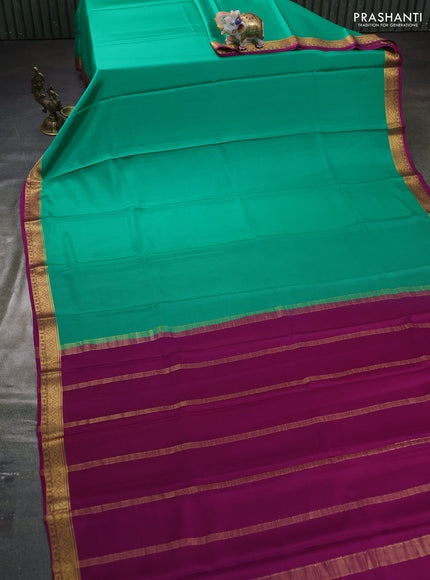 Pure mysore silk saree teal green and magenta pink with plain body and zari woven border