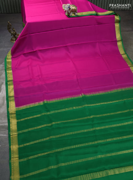 Pure mysore silk saree dark pink and green with plain body and zari woven border
