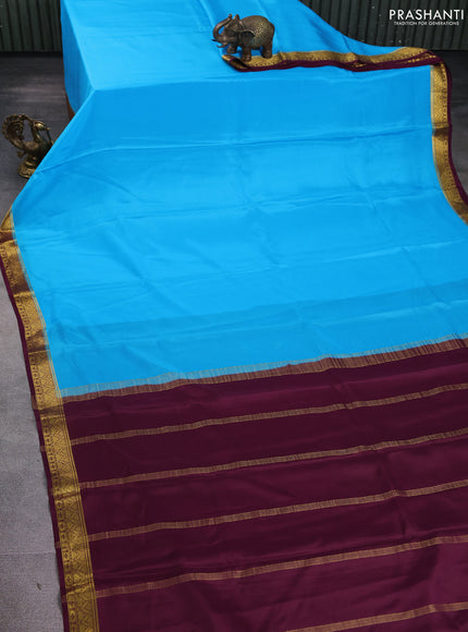 Pure mysore silk saree cs blue and wine shade with plain body and zari woven border