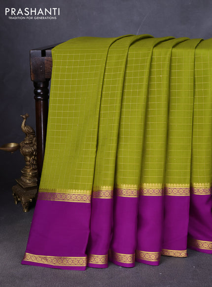 Pure mysore silk saree light green and purple with allover zari woven checked pattern and rettapet zari woven border