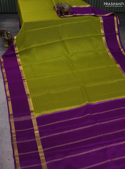 Pure mysore silk saree light green and purple with allover zari woven checked pattern and rettapet zari woven border