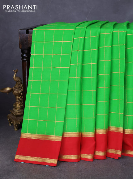 Pure mysore silk saree light green and maroon with allover zari woven checked pattern and rettapet zari woven border