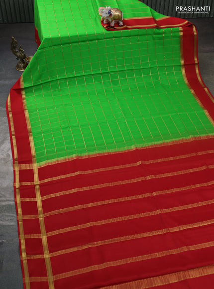Pure mysore silk saree light green and maroon with allover zari woven checked pattern and rettapet zari woven border