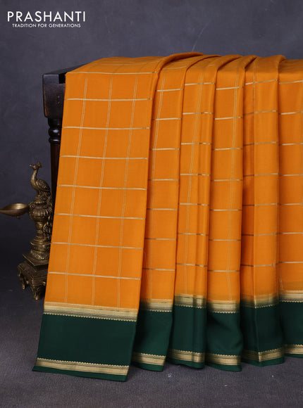 Pure mysore silk saree mustard yellow and green with allover zari woven checked pattern and rettapet zari woven border