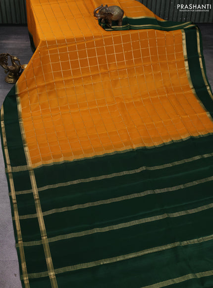 Pure mysore silk saree mustard yellow and green with allover zari woven checked pattern and rettapet zari woven border