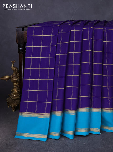 Pure mysore silk saree navy blue and teal green shade with allover zari woven checked pattern and rettapet zari woven border