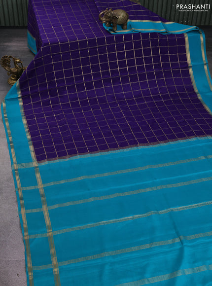 Pure mysore silk saree navy blue and teal green shade with allover zari woven checked pattern and rettapet zari woven border