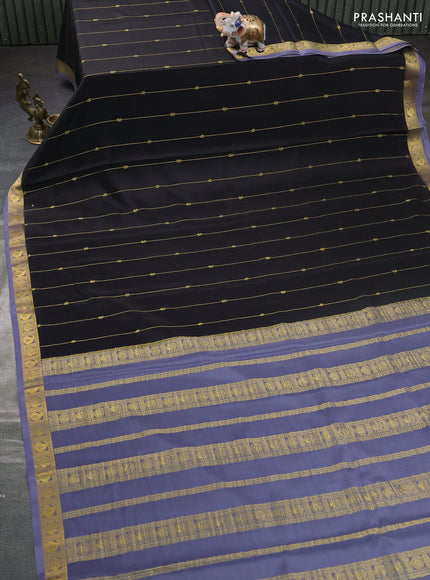 Pure mysore silk saree black and grey with allover zari stripes pattern & buttas and zari woven border