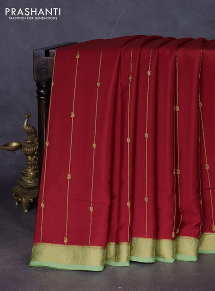 Pure mysore silk saree red and pista green with allover zari stripes pattern & buttas and zari woven border