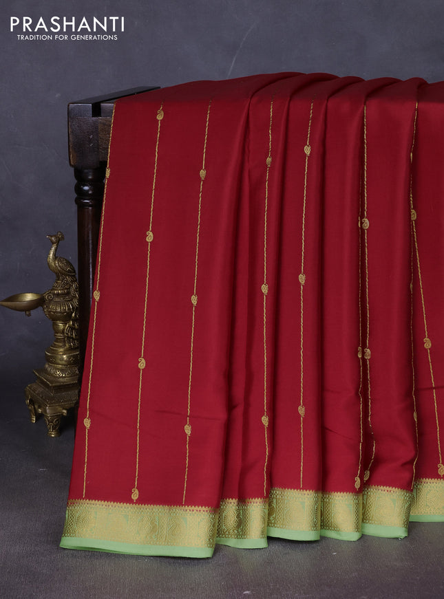 Pure mysore silk saree red and pista green with allover zari stripes pattern & buttas and zari woven border