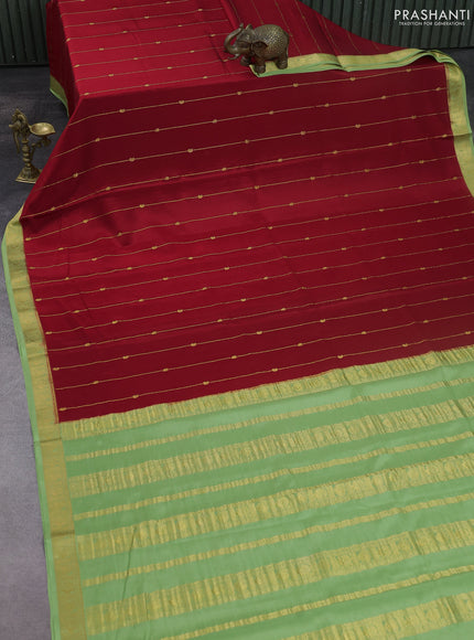 Pure mysore silk saree red and pista green with allover zari stripes pattern & buttas and zari woven border