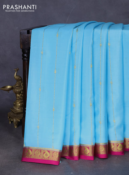 Pure mysore silk saree teal blue and dark pink with allover zari stripes pattern & buttas and zari woven border