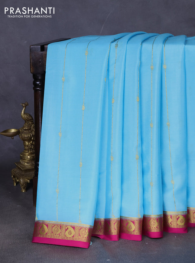 Pure mysore silk saree teal blue and dark pink with allover zari stripes pattern & buttas and zari woven border