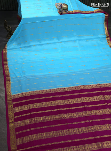 Pure mysore silk saree teal blue and dark pink with allover zari stripes pattern & buttas and zari woven border