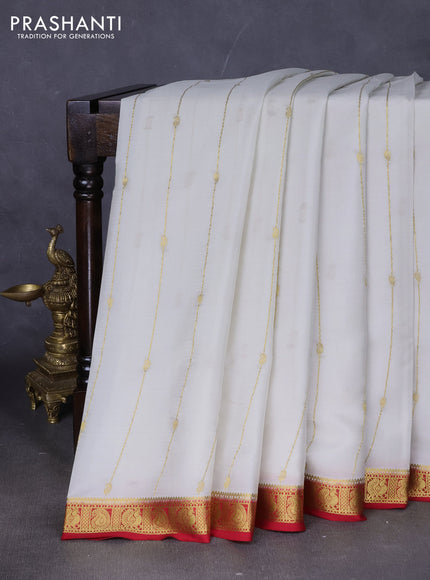 Pure mysore silk saree off white and maroon with allover zari stripes pattern & buttas and zari woven border