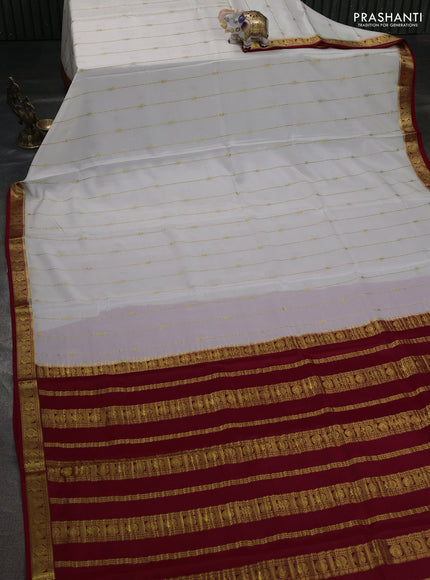 Pure mysore silk saree off white and maroon with allover zari stripes pattern & buttas and zari woven border