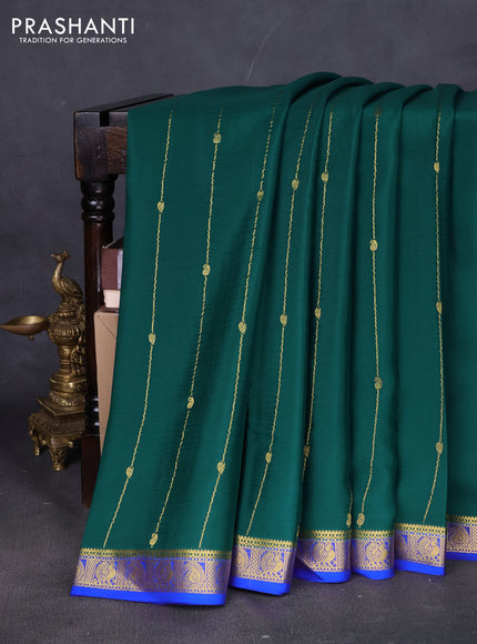 Pure mysore silk saree bottle green and royal blue with allover zari stripes pattern & buttas and zari woven border