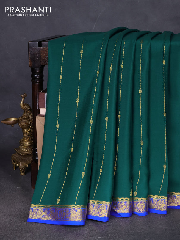 Pure mysore silk saree bottle green and royal blue with allover zari stripes pattern & buttas and zari woven border