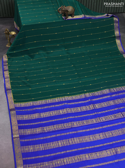 Pure mysore silk saree bottle green and royal blue with allover zari stripes pattern & buttas and zari woven border