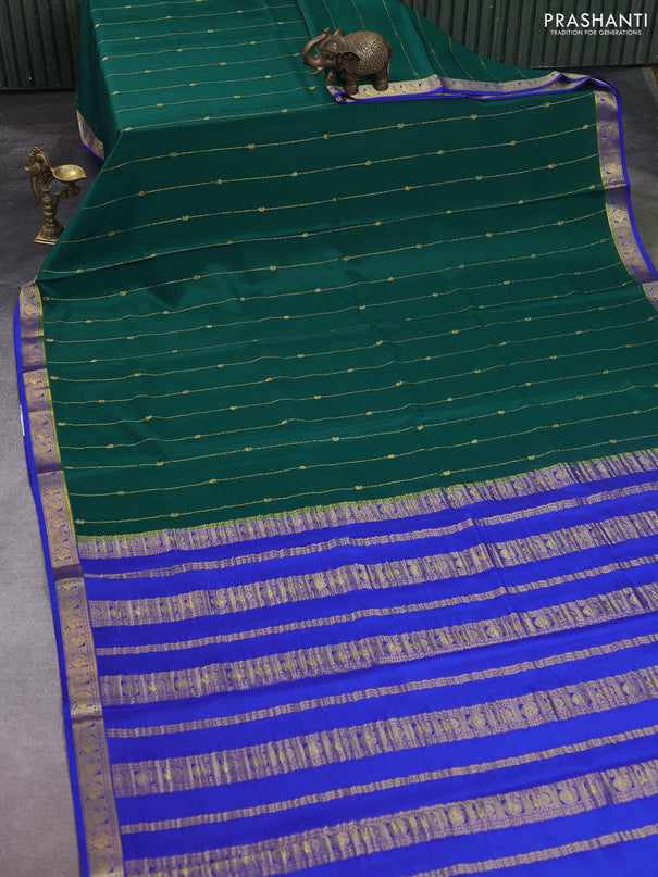 Pure mysore silk saree bottle green and royal blue with allover zari stripes pattern & buttas and zari woven border
