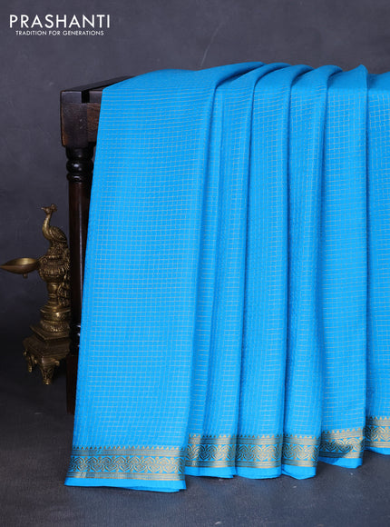 Pure mysore silk saree cs blue with allover zari small checked pattern and zari woven border