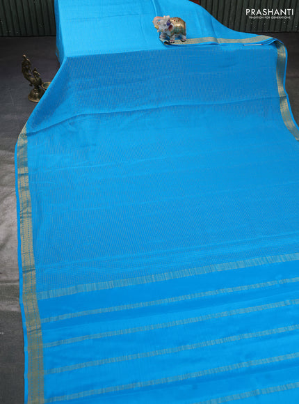 Pure mysore silk saree cs blue with allover zari small checked pattern and zari woven border