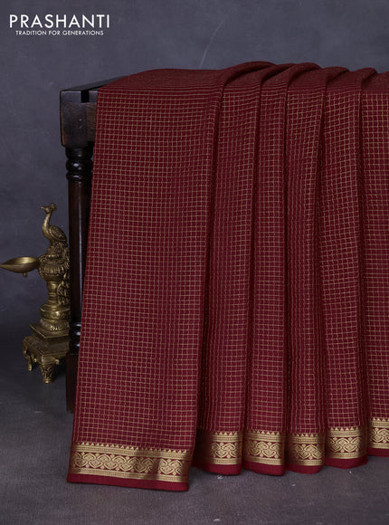 Pure mysore silk saree deep maroon with allover zari small checked pattern and zari woven border