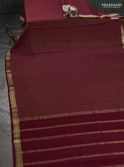 Pure mysore silk saree deep maroon with allover zari small checked pattern and zari woven border