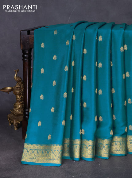 Pure mysore silk saree teal blue with allover zari woven buttas and zari woven border