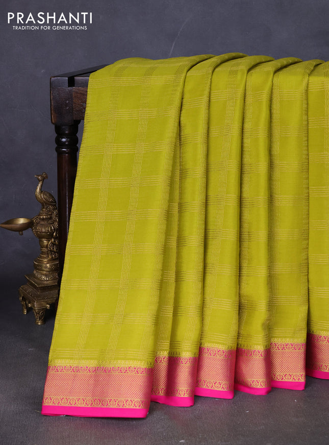 Pure mysore silk saree lime green and pink with allover zari checked pattern and zari woven border