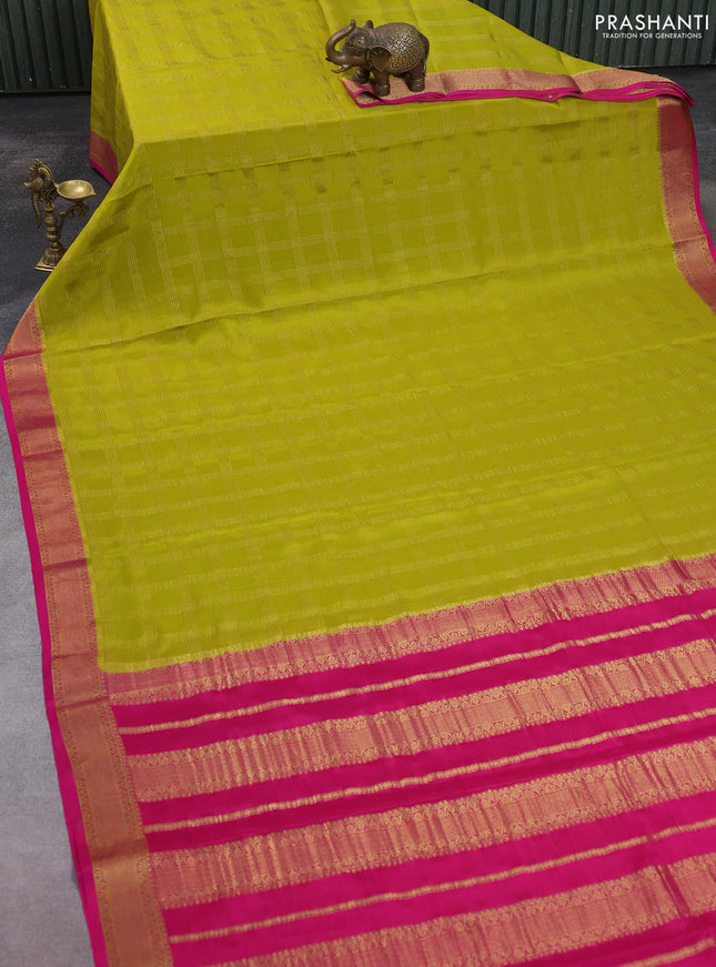 Pure mysore silk saree lime green and pink with allover zari checked pattern and zari woven border