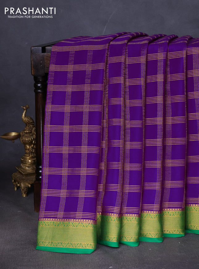 Pure mysore silk saree purple and green with allover zari checked pattern and zari woven border