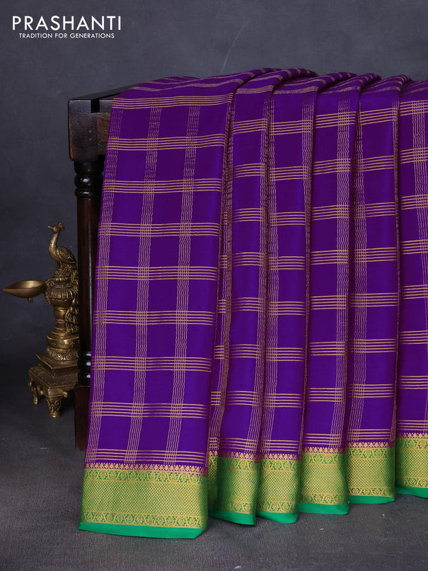 Pure mysore silk saree purple and green with allover zari checked pattern and zari woven border