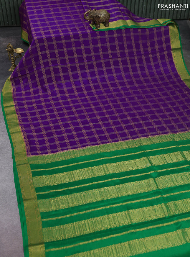 Pure mysore silk saree purple and green with allover zari checked pattern and zari woven border