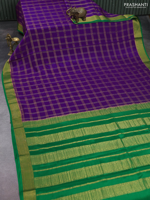 Pure mysore silk saree purple and green with allover zari checked pattern and zari woven border
