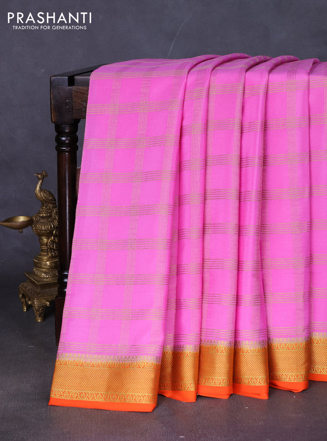 Pure mysore silk saree lotus pink and orange with allover zari checked pattern and zari woven border