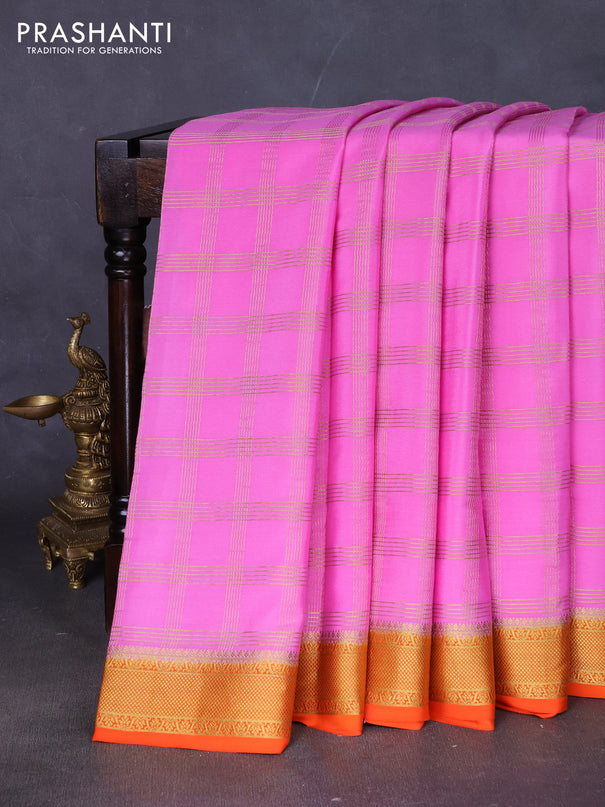 Pure mysore silk saree lotus pink and orange with allover zari checked pattern and zari woven border