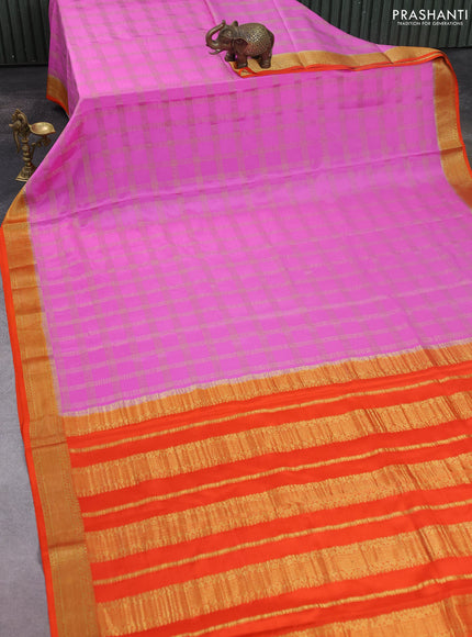 Pure mysore silk saree lotus pink and orange with allover zari checked pattern and zari woven border