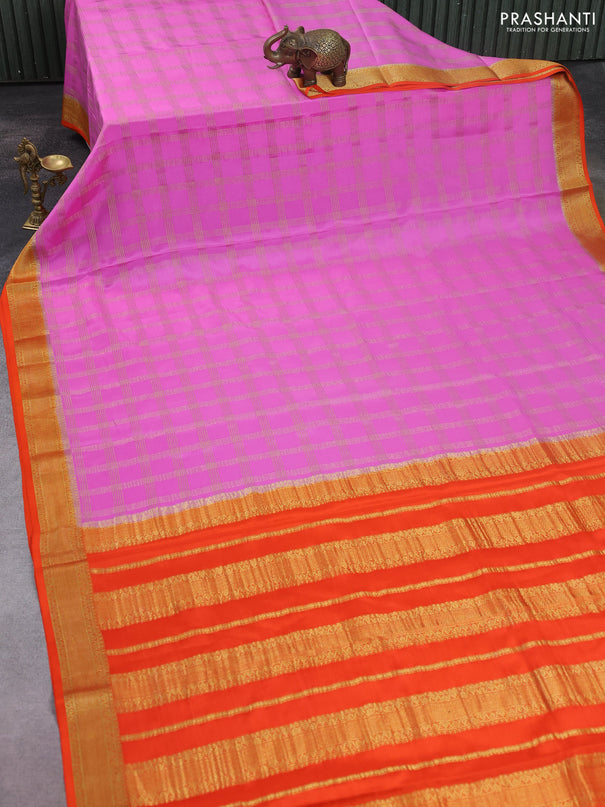 Pure mysore silk saree lotus pink and orange with allover zari checked pattern and zari woven border