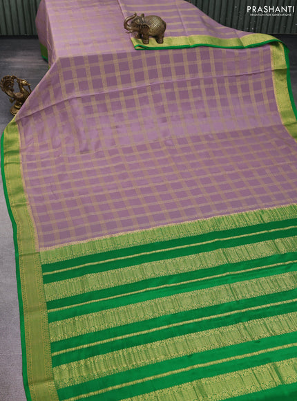Pure mysore silk saree pastel purple and green with allover zari checked pattern and zari woven border